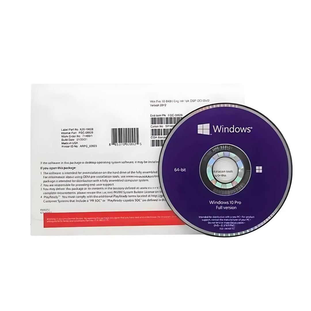 A DVD with a Windows 10 Pro label and a product key on the packaging, indicating it is a Windows operating system DVD.